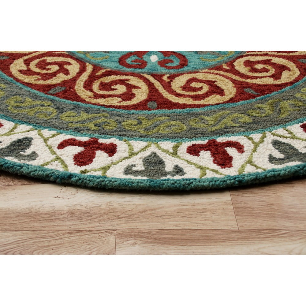 LR Home Wren 5' Round Green/Red Bordered Medallion Indoor Area Rug