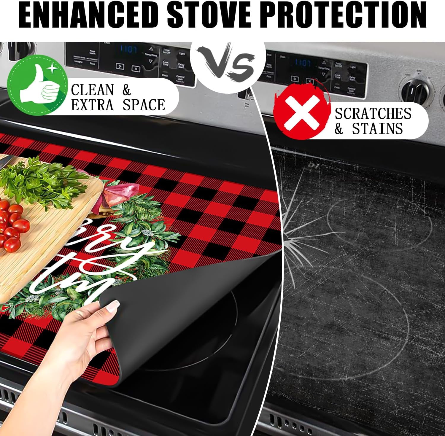 Christmas Stove Top Cover for Electric Stove, 20x28 In Red Plaid Stove Covers Xmas Stove Mat Winter Heat Resist Gas Range Mat Induction Kitchen Decor Cooktop Protector Pad