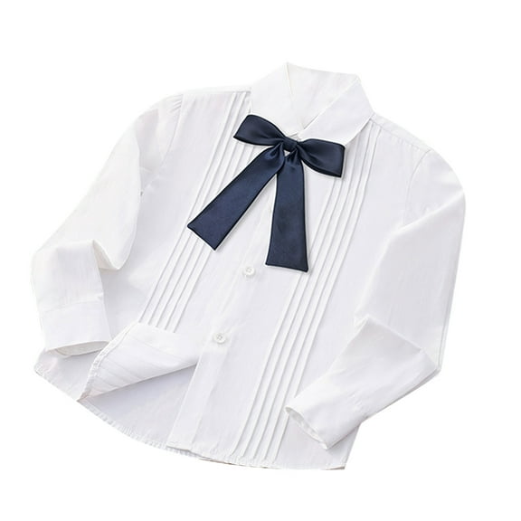AUNVITO Kids Casual School Shirt Long Sleeve Button-Up Collared Top with Lace Tie Solid Color Design