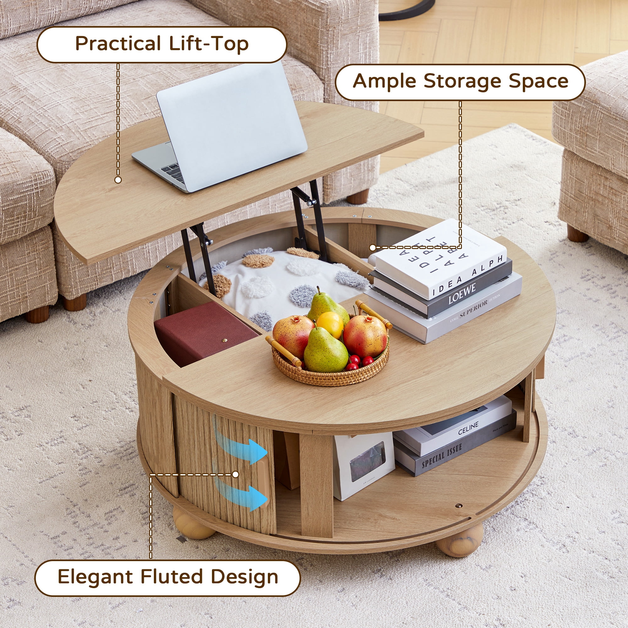 YOCWO Lift Top Coffee Table with Sliding Door and Round Leg, Fluted Round Coffee Table with Hidden Compartments Storage for Living Room, Natural