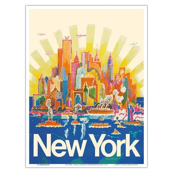 New York - Summer in the City - Vintage Airline Travel Poster by Harry Bertschmann c.1971 - Master Art Print (Unframed) 9in x 12in