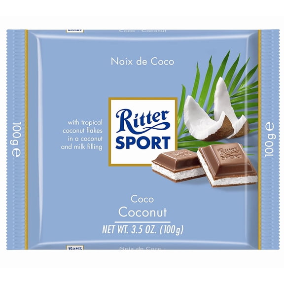 Pack of 12, Ritter Sport Coconut Milk Chocolate Bar, 3.5 oz