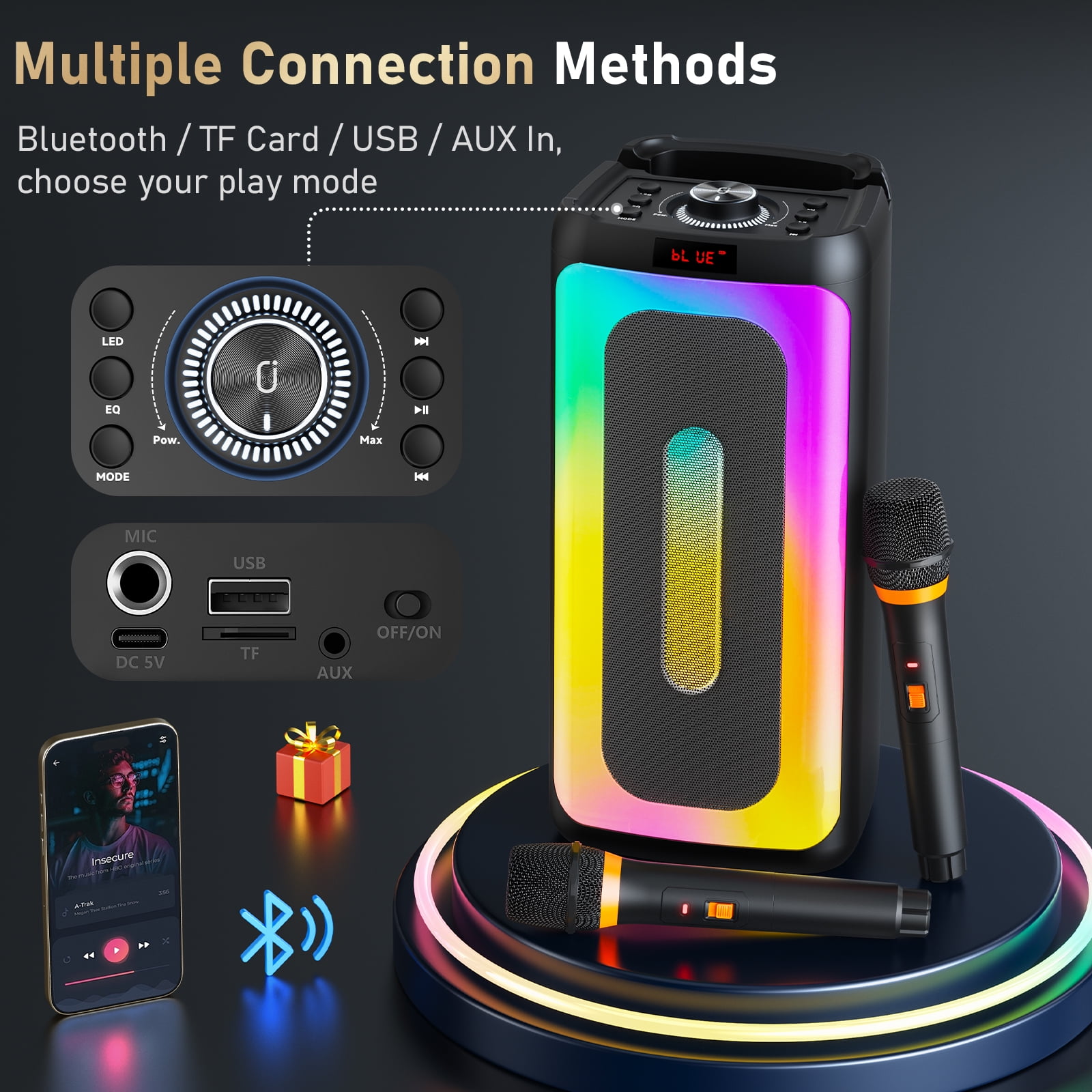 JAUYXIAN Karaoke Machine for Adult, Bluetooth Speaker with Microphone & Colorful RGB Lights, T25-T