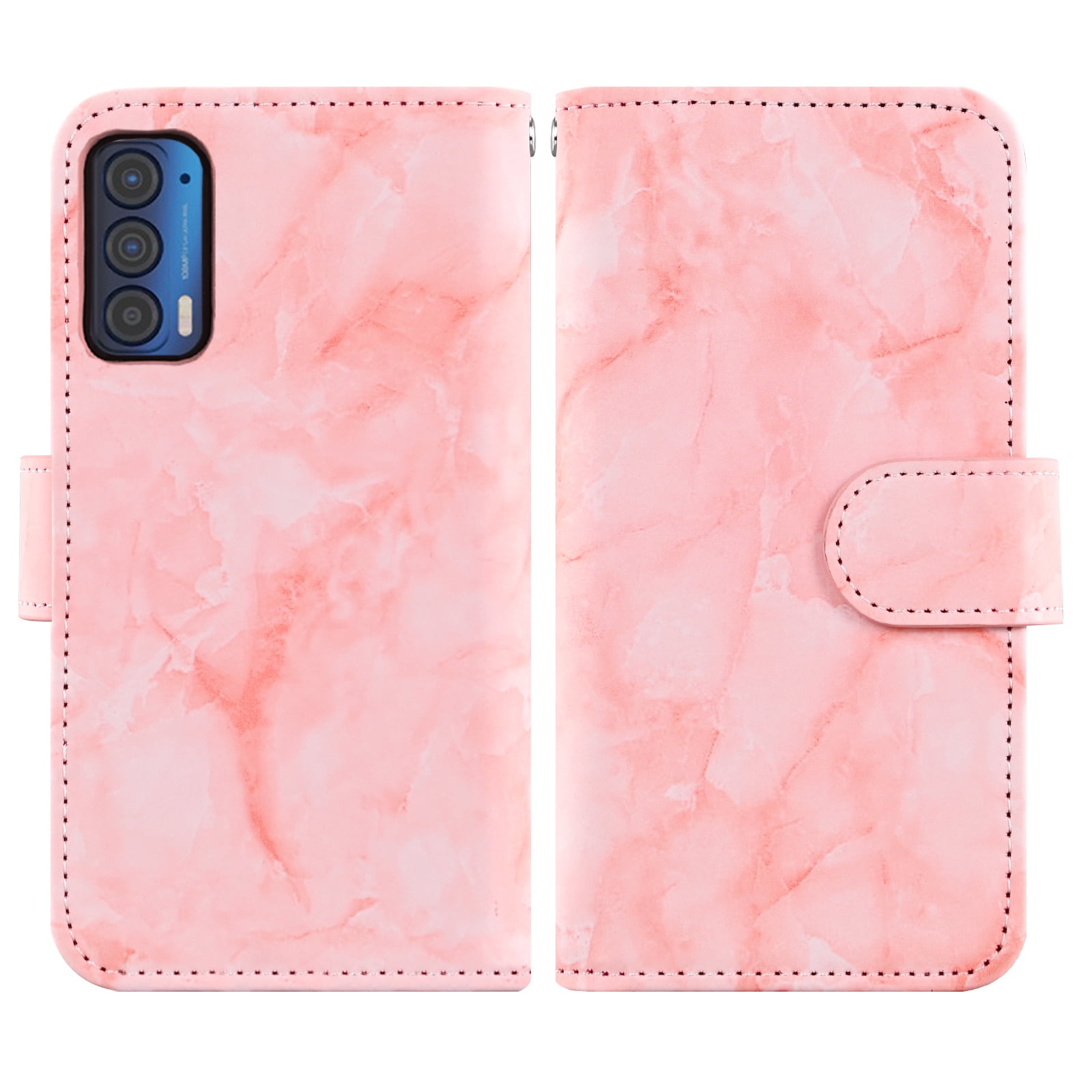 Compatible with Motorola Moto Edge 2021/MotoEdge 5G UW 2021 Wallet Phone Case and Tempered Glass Screen Protector Marble Faux Leather Flip Credit Card Holder Stand Zipper Cell Cover for XT2141-1 Pink