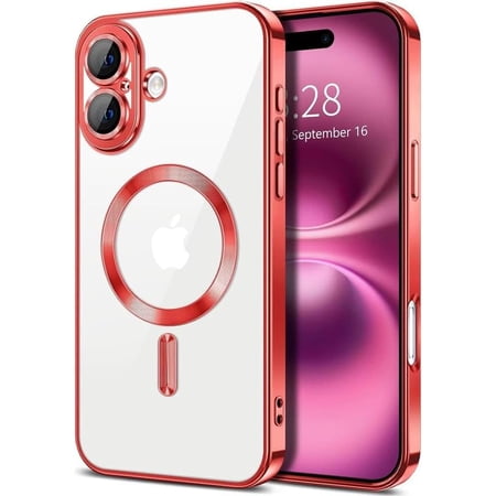 Entronix Transparent Phone Case for Apple iPhone 16 Clear Magnetic Case [Yellow Resistant] Slim Fit Shockproof Transparent Crystal Clear Magnetic Case for Apple iPhone 16 Red