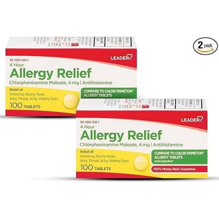 Leader 4 Hour Allergy Relief, Chlorpheniramine Maleate Tablets, Antihistamine, 4 mg, 100 Count, Pack of 2