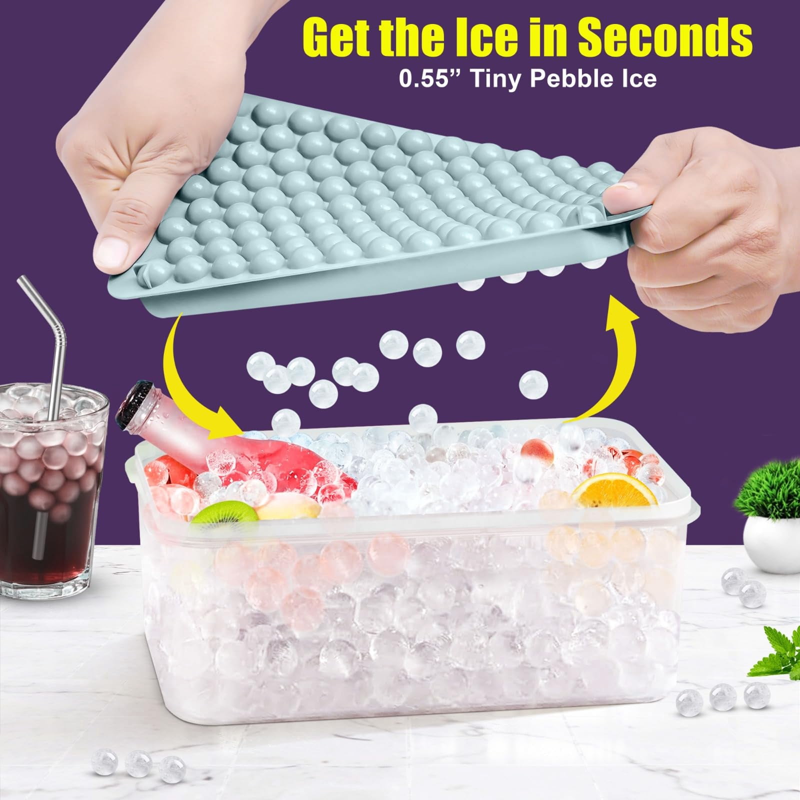 0.55in Mini Ice Cube Trays - Tiny Pebble For Iced Coffee & Fast Chill  Easy Twist Release Stackable With Lid Storage Bin Tongs 2 Straws (4 Pack Blue)