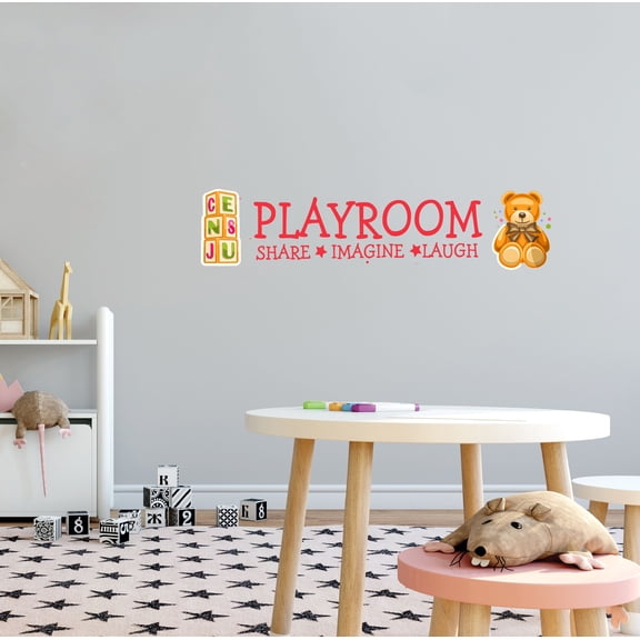 KIDS PLAYROOM - Letter Alphabet Cubes Teddy Bear Kids Bedroom Toys Home Wall Decoration Playroom Share Imagine Laugh Lettering Art Design Vinyl Wall Decal Sticker 20" x 4"