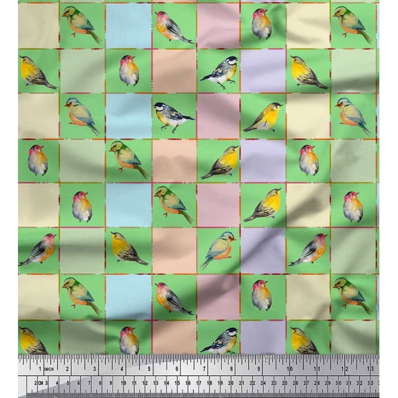 Soimoi Green Cotton Duck Fabric Square & Flowerpecker Watercolor Fabric Prints By Yard 44 Inch Wide
