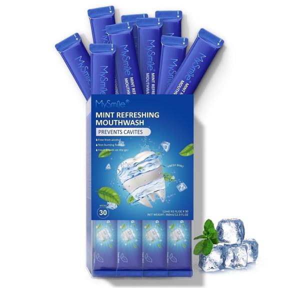 MySmile Mouthwash, Mouth Wash for Adults, Travel Mouthwash Helps Kill 99% of Bad Breath Germs, Prevents Cavities, Alcohol Free & Fluoride Free, Fresh Mint, 30Packs