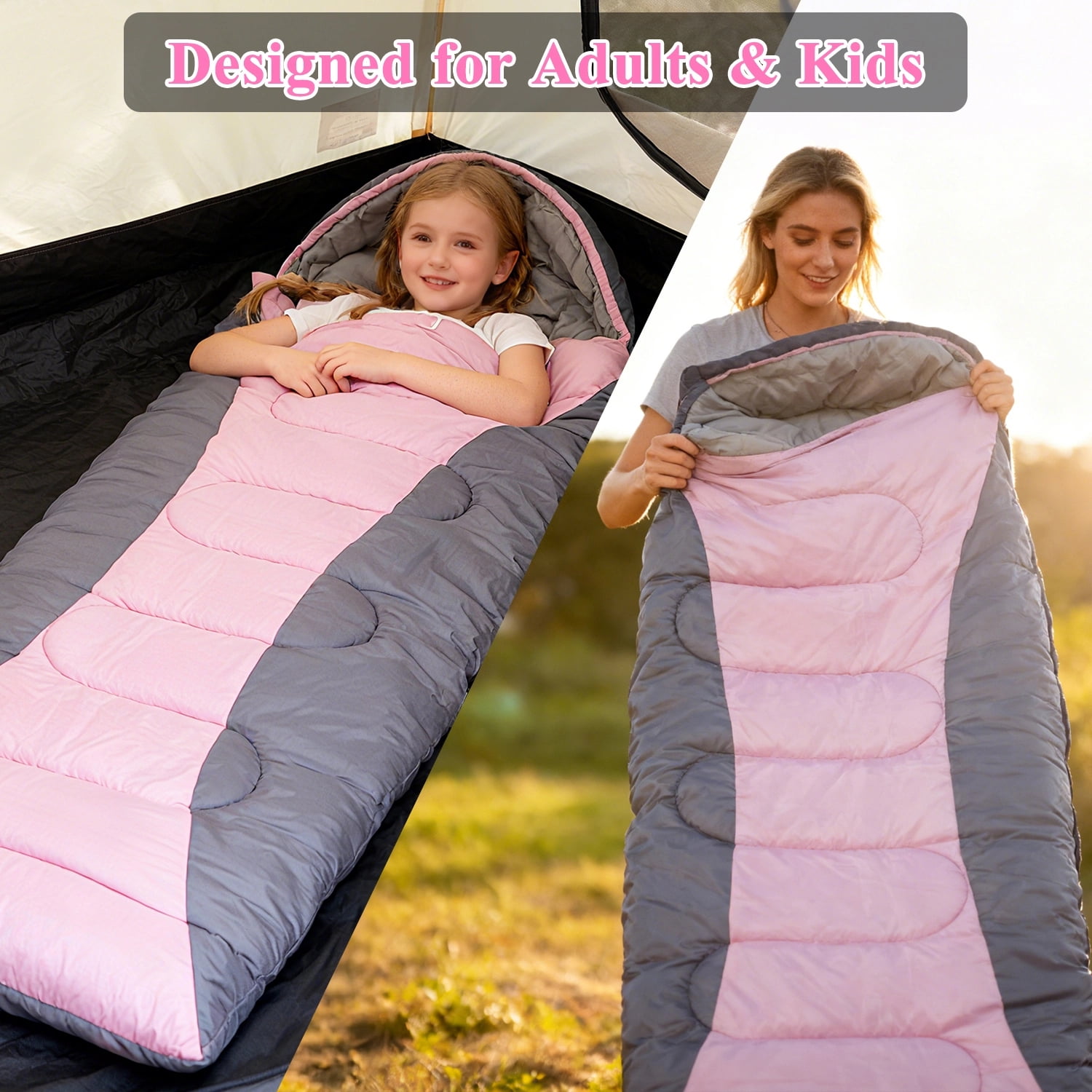 Teblint Camping Sleeping Bag for Adults Kids, 4-Season Cold Weather Sleeping Bag, Waterproof & Compression Sack Included, Camping Essentials Gear Accessories Hiking Sleep Must Haves (Pink)