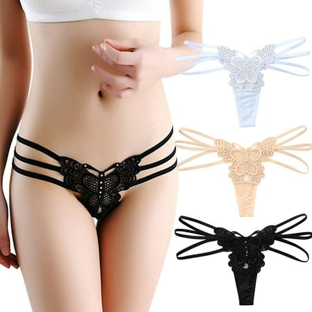 

TAIAOJING 3 Pack Women s Cotton Thong Low Waist Ribbon Transparent Lace Hollow Temptation Bow Underwear Panties Brief