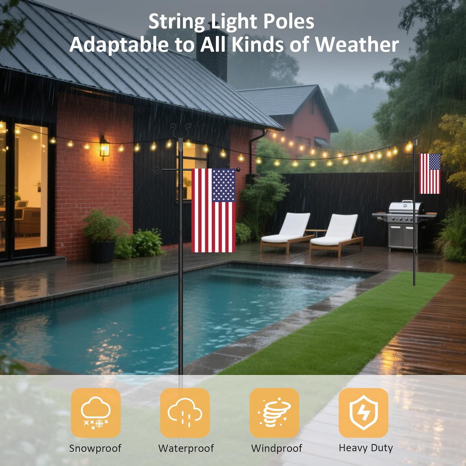 2-Pack Outdoor String Light Pole, 10FT Waterproof Heavy-Duty Metal Poles fo Outside Garden Backyard Deck,Rustproof And Sturdy With Hooks.