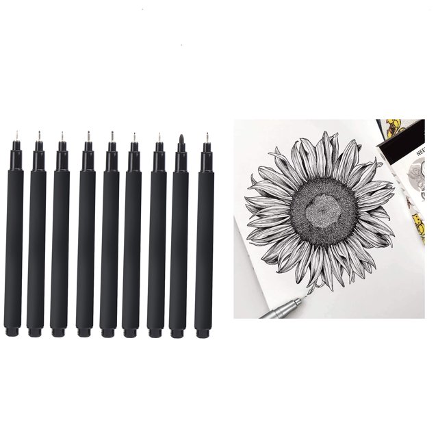 Fine Tip Black Pen, 9 pcs waterproof felt tip pens with fine points, each measuring approximately 14cm / 5.5in. Includes sizes 0.05 to 1.0 for graffiti, sketching, and design drawings. Ideal for illustrators and artists, shown with a detailed sunflower illustration created using the pens.