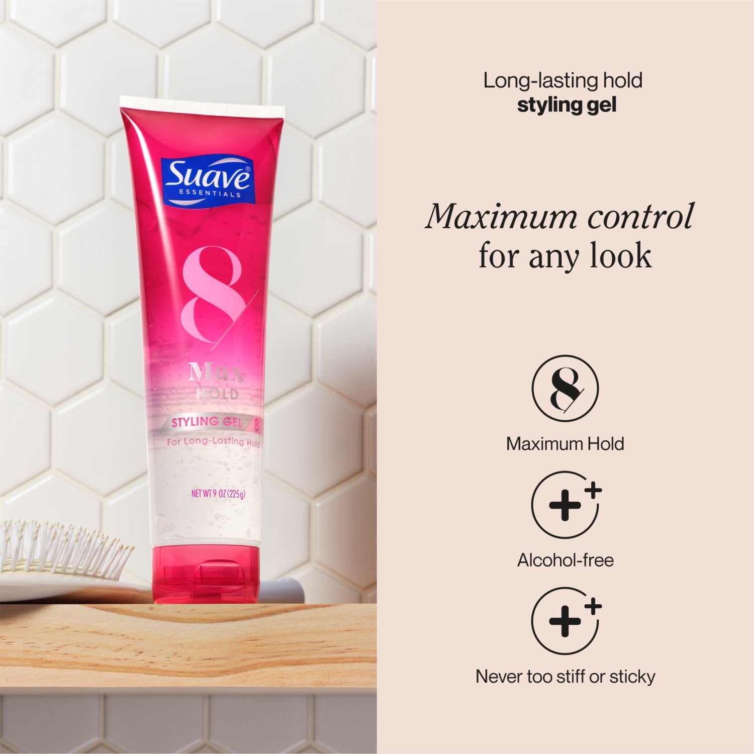 (3 pack) Suave Max Hold 8 Hair Styling Gel For Women, Frizz Control, Strong Hold, No Flaking, 9 OZ