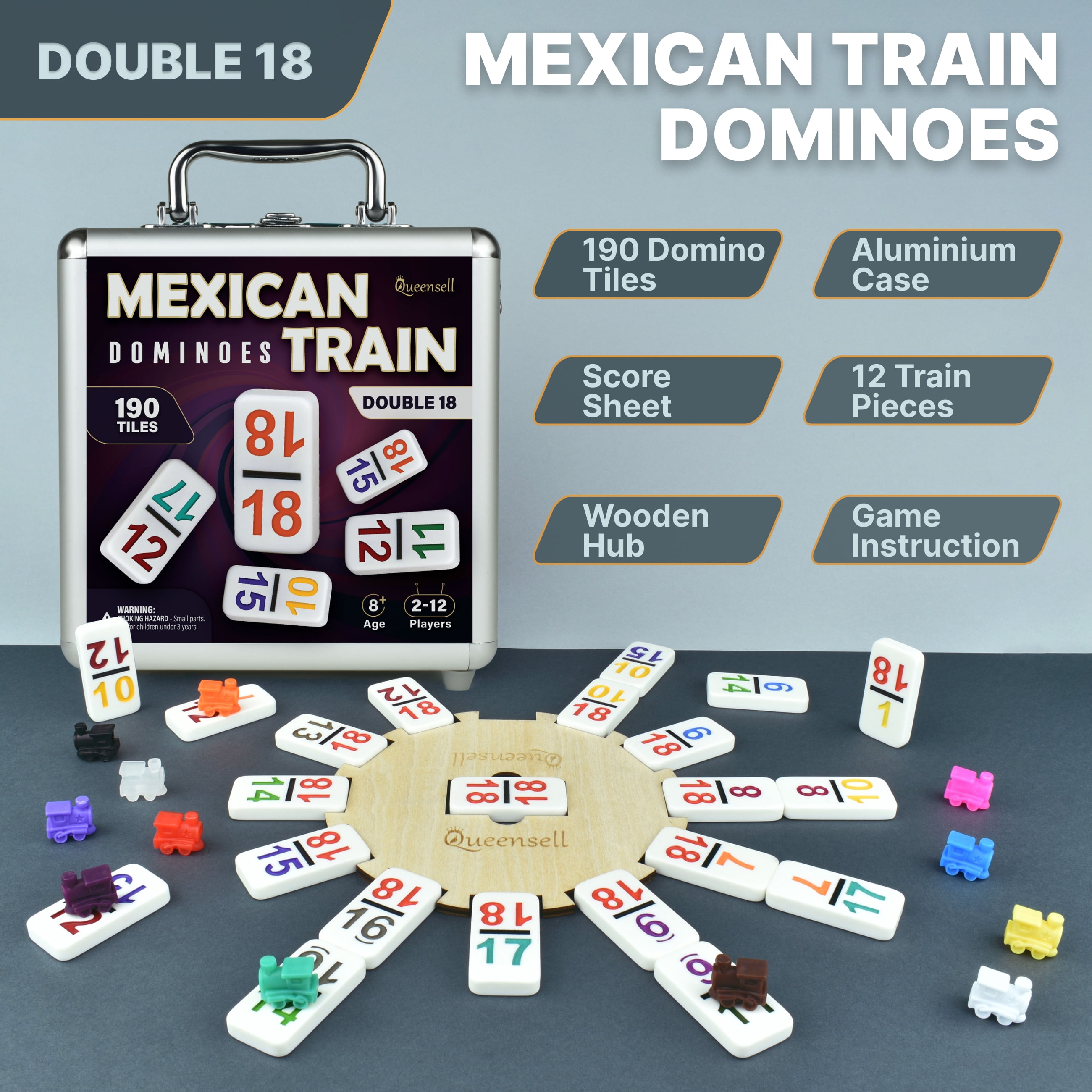 Mexican Train Dominoes Set with Numbers - Double 18 Dominos Set for Adults and Kids - Mexican Dominoes Train Game Night Games for Adults with Wooden Hub and Aluminum Case