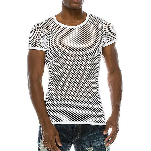 Men's Mesh See-through Fishnet T Shirt Fashion Sexy Short Sleeve Nightclub  Wear T-shirt Men Party Perform Streetwear Tops-black Hoodie Pocket 
