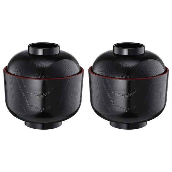 QIFULL 2Pcs Traditional Japanese Miso Soup Bowls with Lid Black for Rice Soup and Side Dish