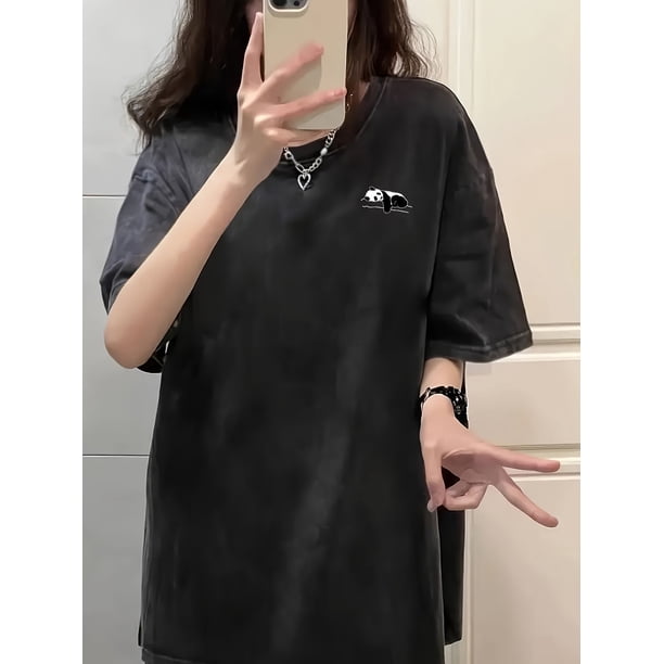 Women'S Casual Short Sleeve T-Shirt with Panda and Japanese Characters, Loose Fit Round Neck Top, Summer Fashion for Outdoor Activities