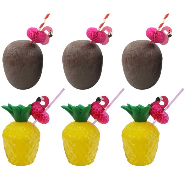 EeaseMX 6 juegos de vasos de plástico con forma de piña y coco para agua, recuerdo de fiesta (color aleatorio)