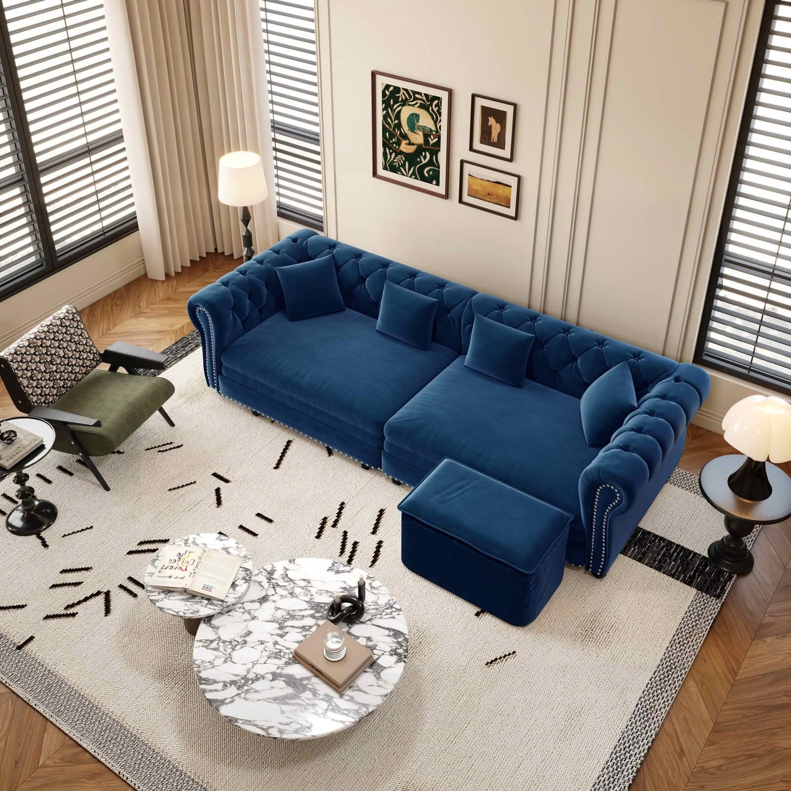 MAYEERTY 89" Chesterfield 3‑in‑1 Pull‑Out Sofa Bed, Tufted Velvet 3‑Seater Couch with Movable Ottoman, King Size Sleeper Chaise Lounge, 4 Pillows Included