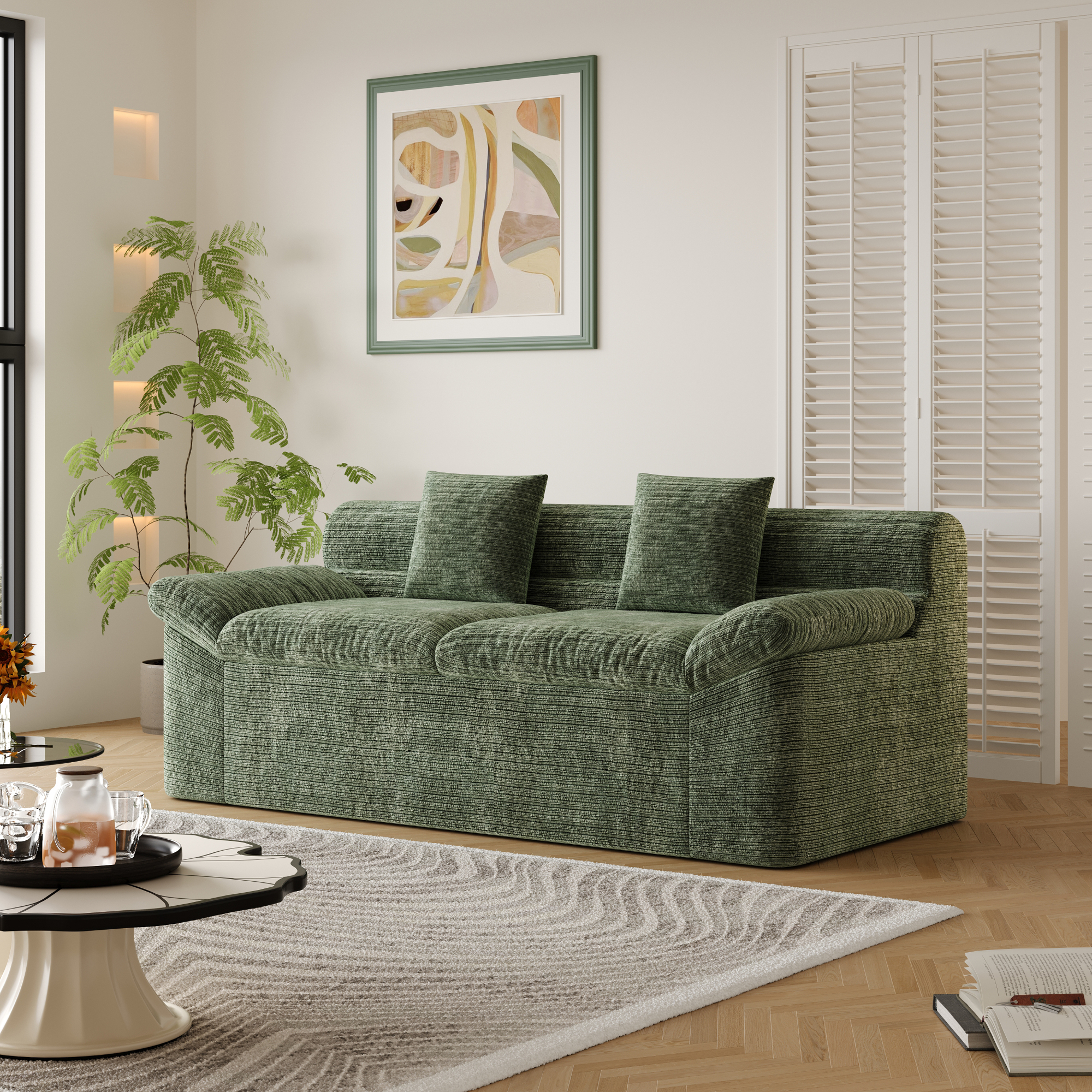 HOQBN 71" Boneless Couch for Living Room,Upholstered Chenille Sofa with Deep Seat Design and 2 Pillows,Comfy Cloud Couch for Bedroom, Office, Apartment, No Assembly,Antique Green