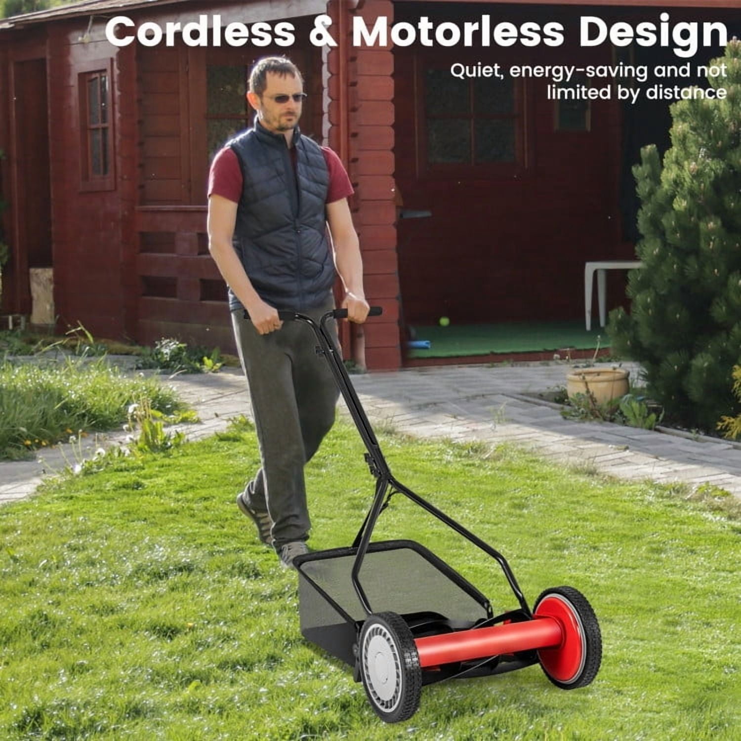 YYAo 14 Inch Push Lawn Mower with 5 Steel Blades and Grass Catcher Bag-Red