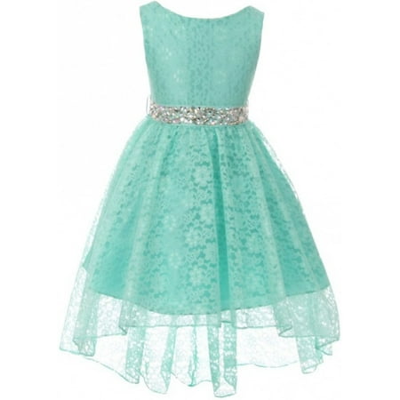 Girl Dress - Rhinestone Belt High Low Lace Pageant Graduation Flower Girl Dress Mint size 4 (Size