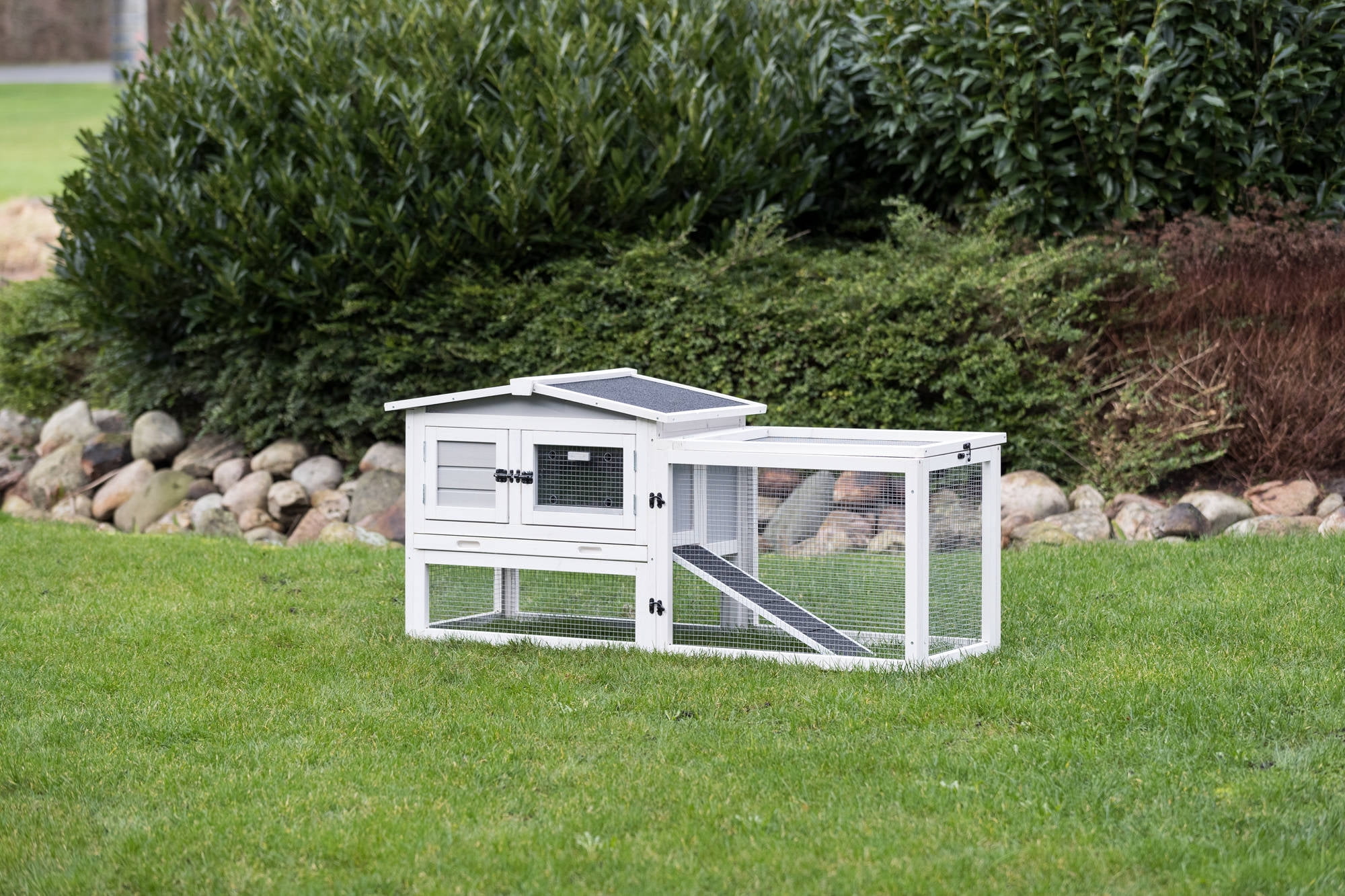 TRIXIE Weatherproof Outdoor 2-Story Wooden Small Animal Hutch with Large Run & Tray, Gray
