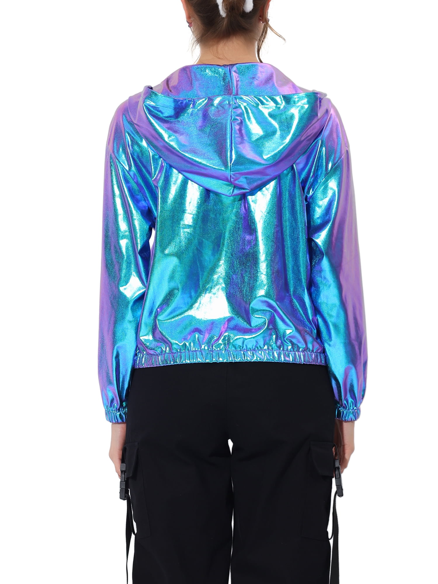 INSPIRE CHIC Women's Holographic Hooded Shiny Casual Long Sleeve Zipper Metallic Jacket XS Blue