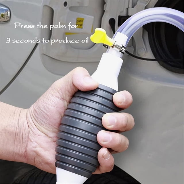 bomba de agua bomba de aceite, succionador de líquido multifunción succionador de líquido multifunción para agua bomba de sifón para transferencia de combustible líquido la mejor en su clase, mano sosteniendo pera de bombeo negra y blanca con fuelle corrugado y válvula de globo, conectada a tubos de PVC transparentes (longitud total 2 m según especificación); toma frontal cercana junto a la boca de carga de un automóvil, para succión manual rápida de combustible, aceite y agua y a menudo usada como cambiador de agua para acuarios.