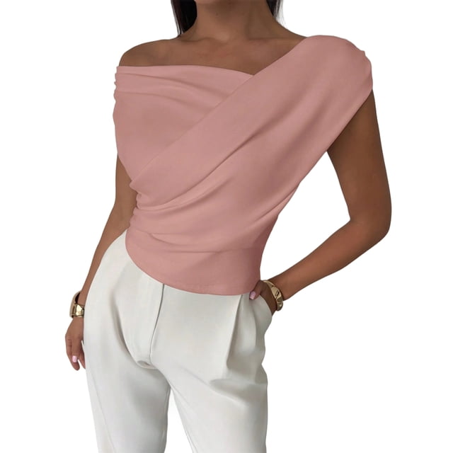 Top Corto de Verano con Hombros Descubiertos para Mujer, , Sin Mangas, con un Solo Hombro Fruncido, Estilo Y2K, para Salir Rosa S