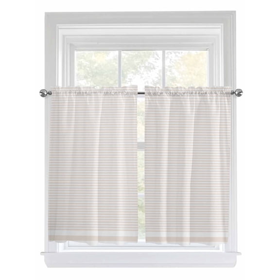 Kitchen Curtains 54 Inches length, Farmhouse Beige White Striped Window Treatment Curtain Drapes, Modern Stripes Thermal Insulated Drapes for Basement Hotel RV, 42"x54", 2 Panels