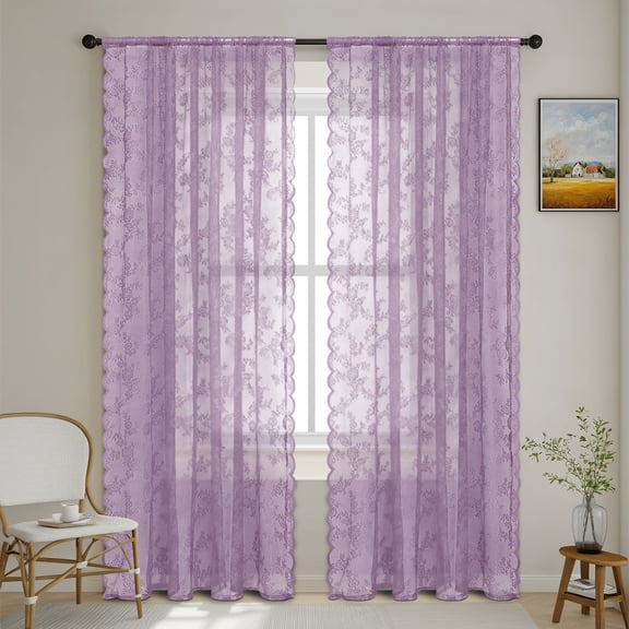 Firefly Hope 1panel Sheer Lace Curtains, Elegant Floral Design with Scalloped Edges, 59.1"W x 70.9"L Rod Pocket Panels for Bedroom & Kitchen, Purple