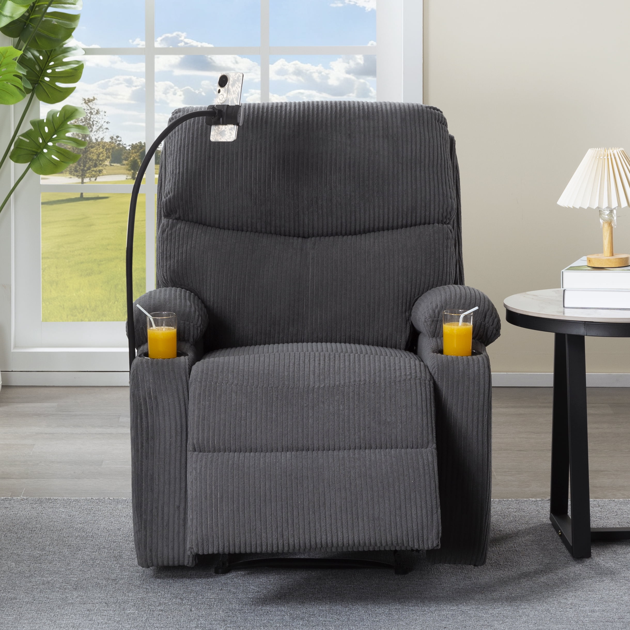 TiramisuBest Adjustable Manual Recliner Chair,Ergonomic Corduroy Lounge Chair with Cup Holders & Phone Stand for Living Room,Dark Gray
