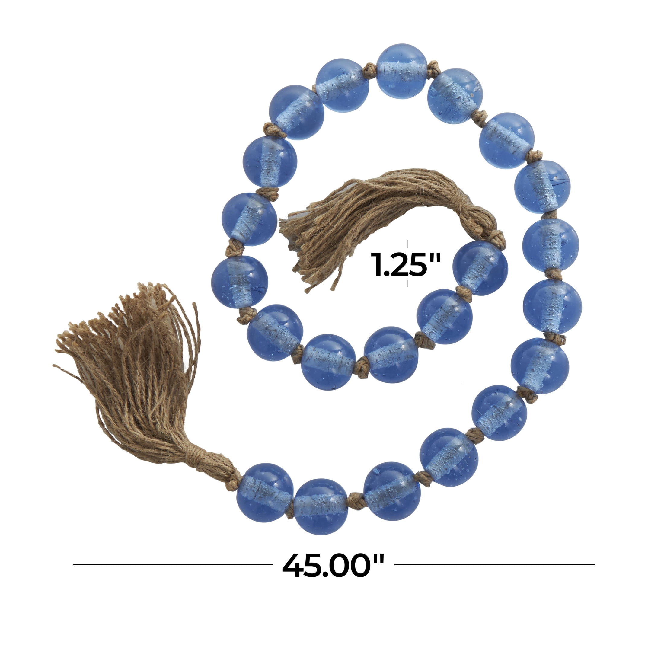 DecMode Handmade Round Blue Glass Garland with Tassel with Knotted Jute