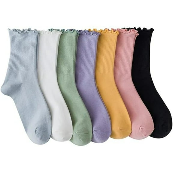 7 Pairs Womens Ruffle Crew Socks, Colorful Floral Novelty Ankle Socks, Stretchable Comfy Casual Socks for Daily Wear, Sports, Outfits