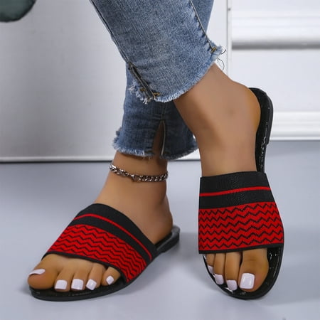 

EQWLJWE Women s Stripe Casual Vacation Open Toe Flat Beach Sandals Slippers Women s Slippers Holiday Clearance