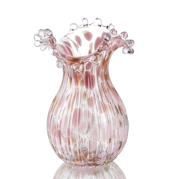 QFkris Handblown Glass Vase, Modern Art Flower Vase with Pink Petal Decorative for Home Decor, 8.5 inch Tall for Living Room Dini