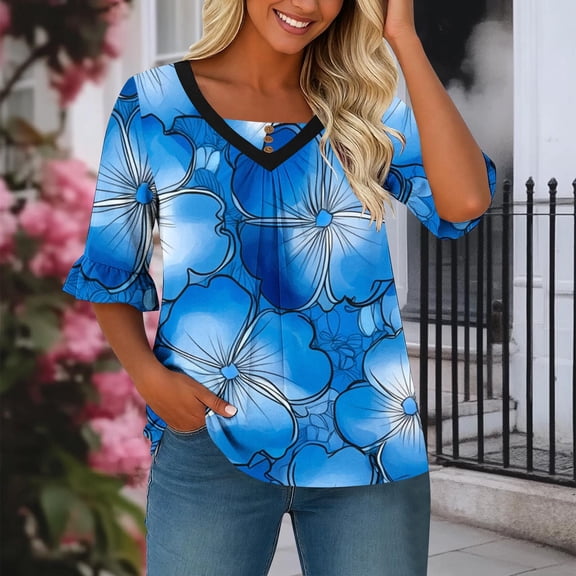 Bohemian Floral Print Blouse for Women V Neck Ruffle Short Sleeve Pleated Front Tunic Top Elegant Lightweight Breathable Summer Vacation Shirt
