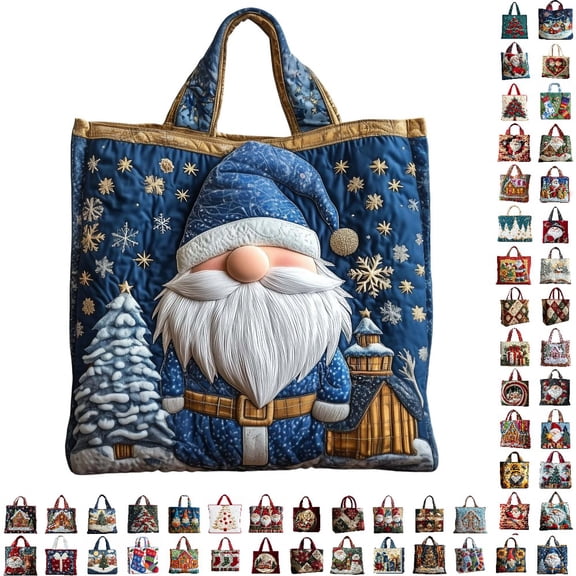 CLOUJI Christmas Gift Bags Quilted Santa Print Tote Large Capacity Holiday Shopping Shoulder Reusable Festive Grocery for Women Xmas