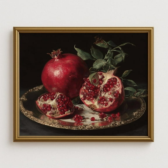 Pomegranate Still Life Wall Art, Vintage, Moody Kitchen Fruit Print, Classical Fine Art Decor, Elegant Red Botanical Home Decor #923, Unframed Poster Size 8x12