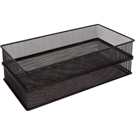 OPVM-Mesh Stackable Drawer Cabinet and Shelf Organizer Bins Storage Basket School Office Supply Holder Tray- Set of 2 (Black, 6x12x2 Inch)