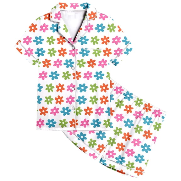CAIVO 2 Piece Pajama Sets Kids Girls Flower Printed Short Sleeve Lapel Button Down Shirts Tops With Shorts Sleepwear Nightwear