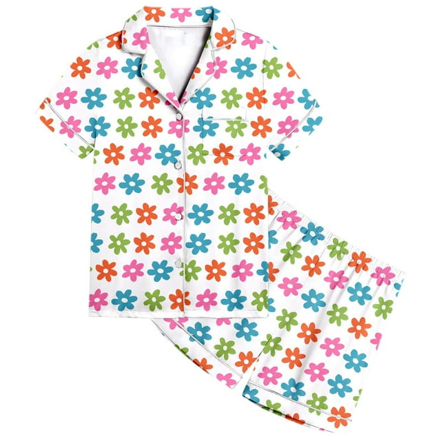 Hiiyo Big Girls Pajamas Full Print Short Sleeve Button Down Sleepwear Pjs, Sizes 2-13