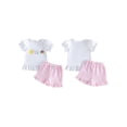 thumbnail image 2 of BemeyourBBs Toddler Baby Girls Summer Clothes Infant Baby Girl Summer Beach 2 Piece Outfits Cute Sun Castle Embroidery Short Sleeve T Shirt Tops and Ruffled Plaid Shorts Set, 2 of 9