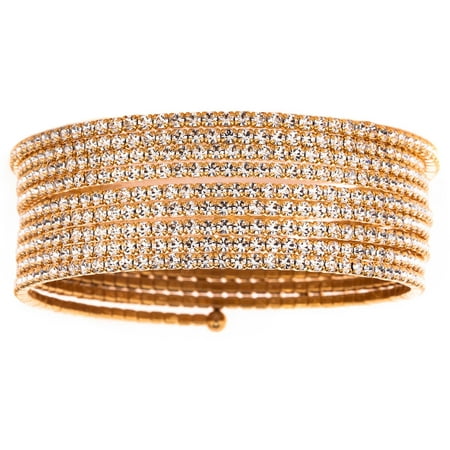 X & O Handset Austrian Crystal Yellow Gold-Plated 9-Row Wire Bangle, One Size