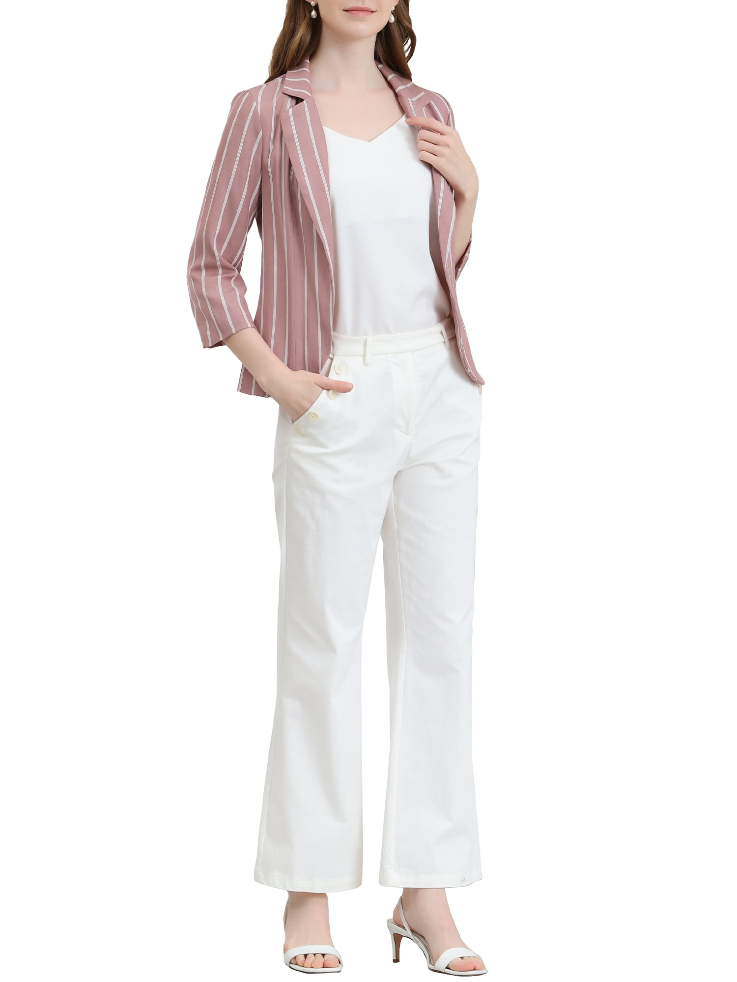DARING DIVA Women's Striped Open Front Notched Lapel Blazer M Dark Pink