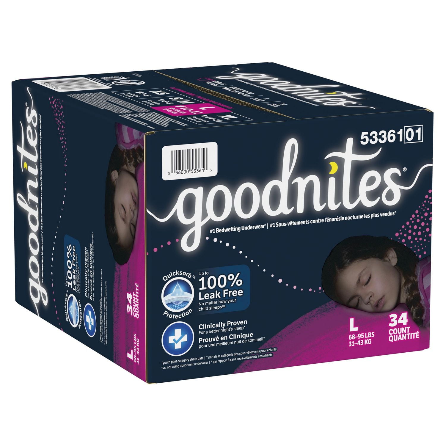 Sous-vêtements de nuit Goodnites pour filles, Giga Pack, Taille XS - XXL | 44-24 Sous-Vêtements Taille XS - XXL | 44-24 Sous-Vêtements