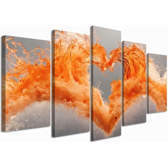 ZHONGYUTONG 5Pcs Gray and Orange Wall Art for Living Room Ocean Wave Pictures Love Heart Canvas Prints Abstract Water Paintings Couples Bedroom Bathroom Decor (8x14inx2pcs 8x18inx2pcs 8x22inx1pcs)